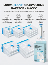 Набор вакуумных пакетов для хранения вещей с насосом (8 шт., все размеры) Набор вакуумных пакетов для хранения вещей с насосом (8 шт., все размеры)